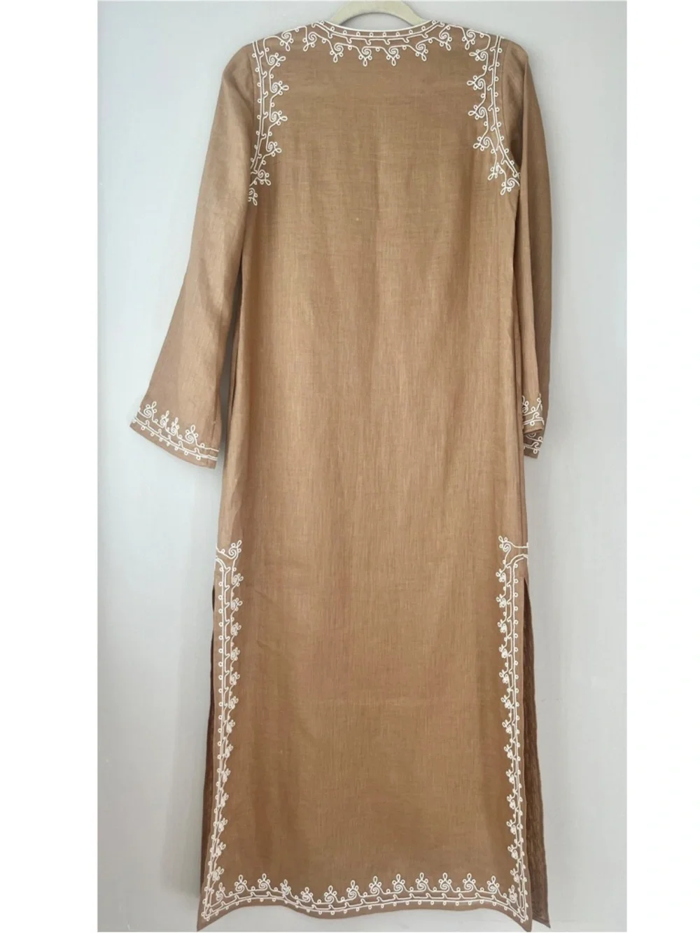 Tory Burch Camel Linen Caftan Maxi Dress with White Embroidery XS